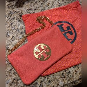 Tory Burch Pink Coral Purse Clutch with Gold Accents